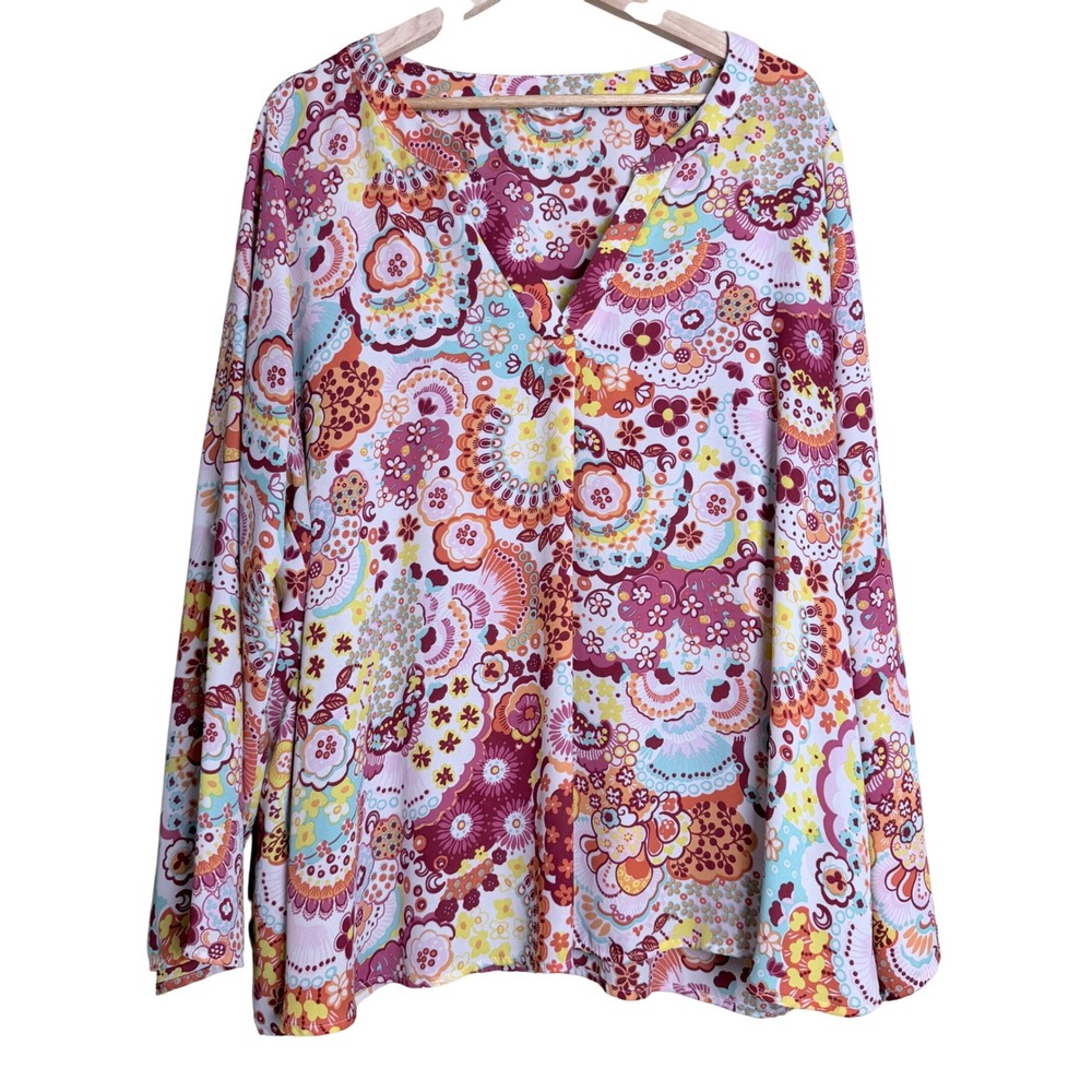 Emily Wonder 2X Plus Floral Paisley Peasant Boho V-Neck Long Sleeve Tunic Blouse